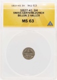 1827-41 Swiss Cantons-Zurich Billion 3 Haller Coin ANACS MS63