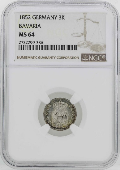 1852 Germany Bavaria 3 Kreuzer Coin NGC MS64