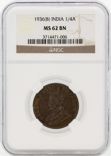1936(B) India British King George V 1/4 Anna Copper Coin NGC MS62BN