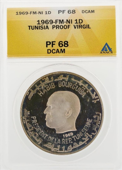 1969-FM-NI 1 Dinar Tunisia Proof Virgil Coin ANACS PF68 DCAM