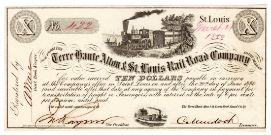 1859 $10 St. Louis Terre Haute Alto &St. Louis Railroad Interest Post note