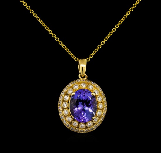4.35 ctw Tanzanite and Diamond Pendant With Chain - 14KT Yellow Gold