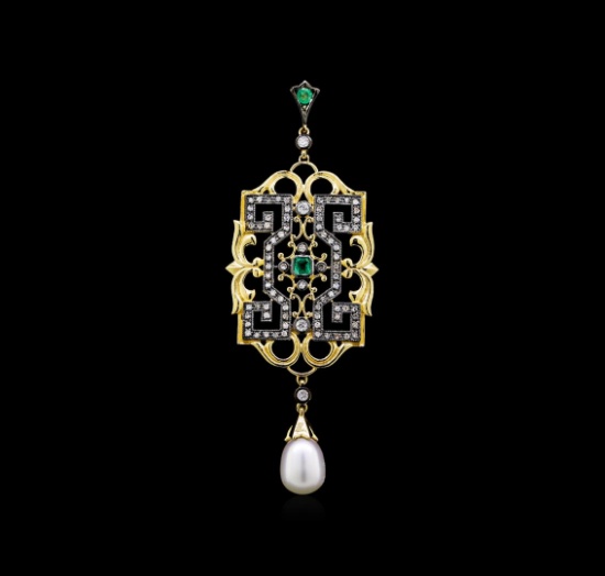 Pearl, Emerald and Diamond Pendant - 18KT Yellow Gold