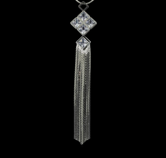 Crystal Square Pendant Tassel Necklace - Rhodium Plated