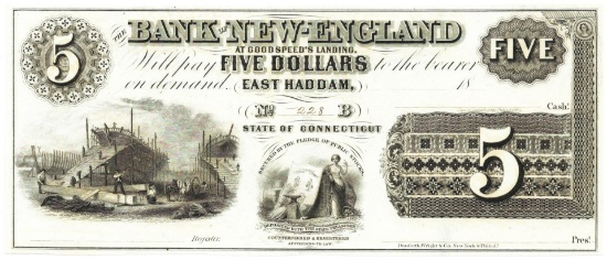 1800's $5 Bank of New England, East Haddam, CT Obsolete Bank Note