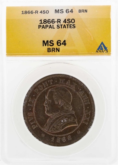 1866-R 4 Soldi Italian Papal States Coin ANACS MS64BRN