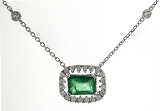 0.87 ctw Emerald and Diamond Necklace - 18KT White Gold