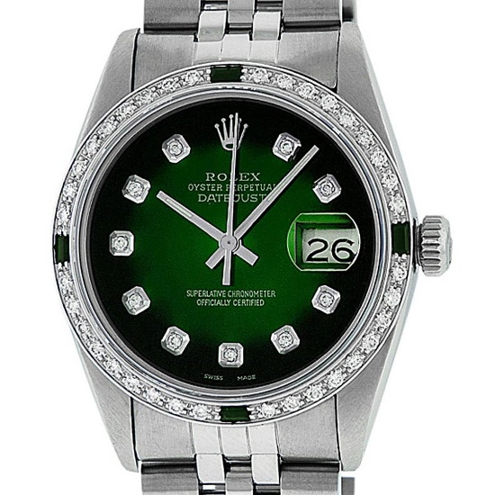 Rolex Mens Stainless Steel 36mm Green Vignette Diamond Datejust Wristwatch