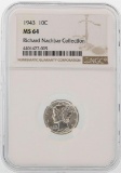 1943 Mercury Dime Coin NGC MS64