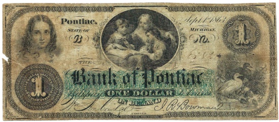 1863 $1 Bank of Pontiac, MI Obsolete Bank Note - Scarce