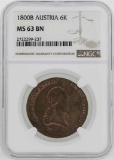 1800-B Austria 6 Kreuzer Coin NGC MS63BN