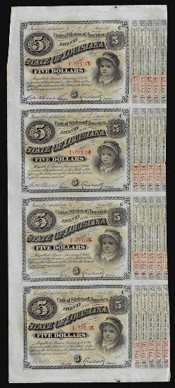 Uncut Sheet of (4) State of Louisiana Baby Bond Obsolete Notes