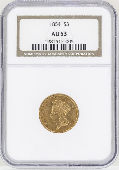 1854 $3 Indian Princess Head Gold Coin NGC AU53