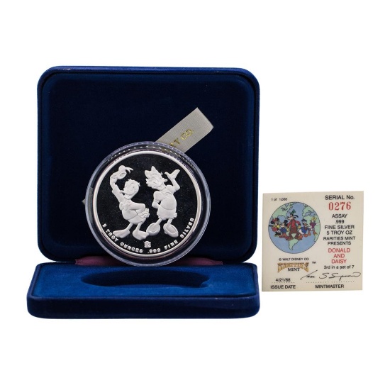 1988 Rarities Mint Walt Disney Donald & Daisy 5 oz .999 Silver Coin w/Box & COA