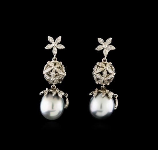 Tahitian Pearl and Diamond Earrings - 14KT White Gold