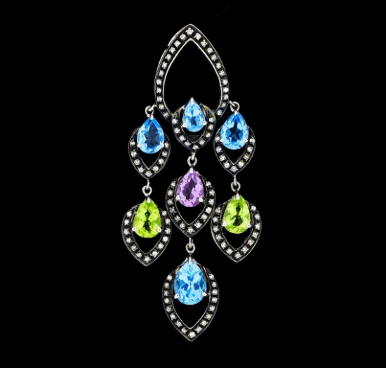 4.00 ctw Multi-Color Gemstone and Diamond Pendant - 18KT White Gold with Black A