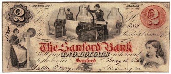 1860 $2 The Sanford Bank, ME Obsolete Bank Note