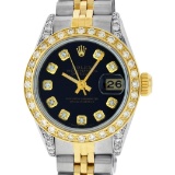 Rolex Ladies 2 Tone 14K Black Diamond Lugs Datejust Wristwatch