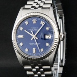 Rolex Stainless Steel Blue Diamond And White Fluted Datejust Mens Wristwatch