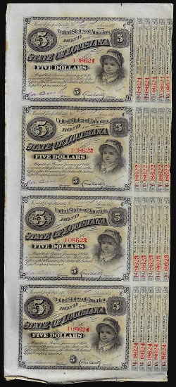 Uncut Sheet of (4) State of Louisiana Baby Bond Obsolete Notes