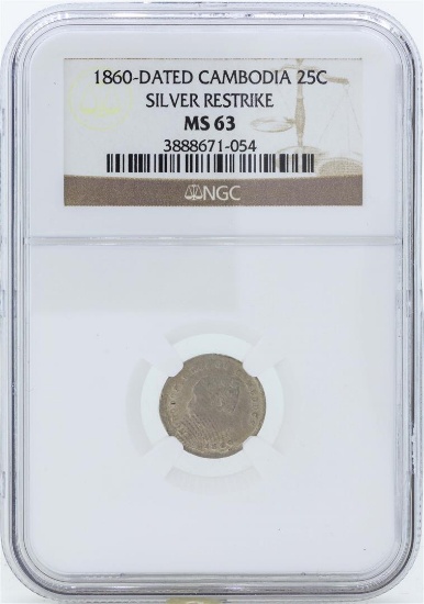 1860 Dated Cambodia 25 Centimes Silver Restrike Coin NGC MS63