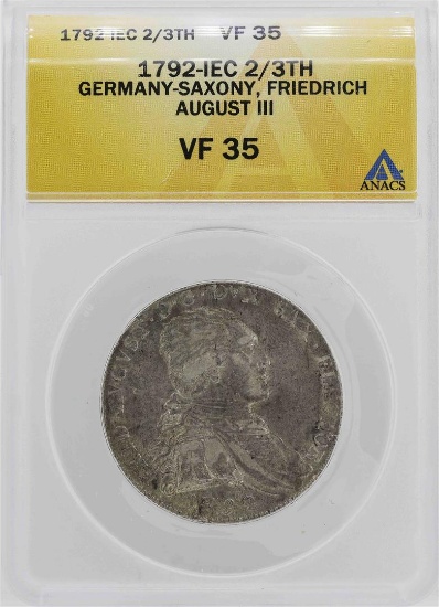 1792 IEC Germany-Saxony 2/3 Thaler Coin ANACS VF35