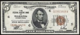 1929 $5 Federal Reserve Bank Note Philadelphia