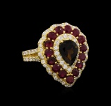 1.00 ctw Green Tourmaline, Ruby and Diamond Ring - 14KT Yellow Gold