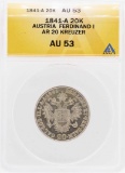 1841-A Austria Ferdinand I AR 20 Kreuzer Coin ANACS AU53