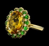 5.05 ctw Citrine Quartz, Tsavorite, and Diamond Ring - 14KT Yellow  Gold