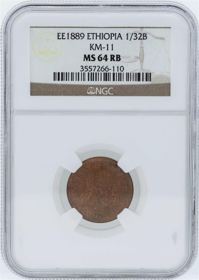 EE1889 Ethiopia 1/32 Birr Coin NGC MS64RB