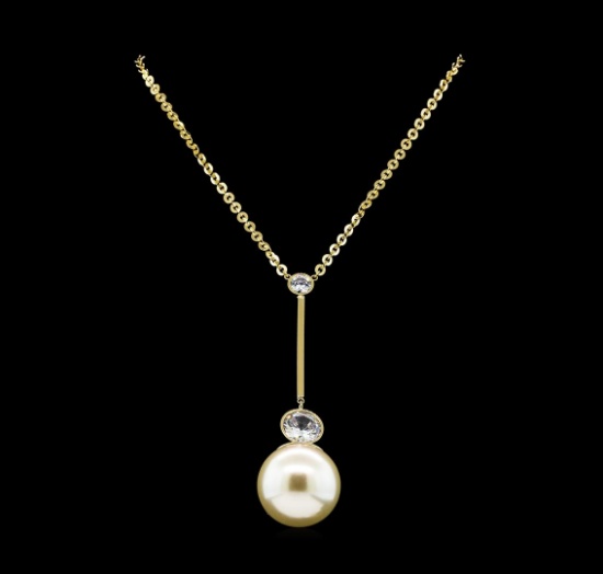 Round Crystal Bezel Pearl Necklace - Gold Plated