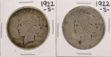 Lot of (2) 1922-S $1 Peace Silver Dollar Coins