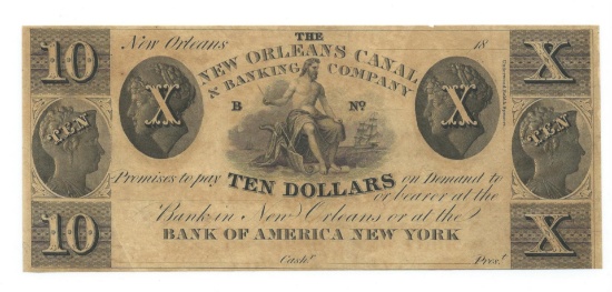 1800's $10 New Orleans Canal & Banking Co.,New Orleans Obsolete Bank Note