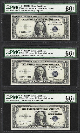 Lot of (3) Consecutive 1935D $1 Silver Certificate Notes PMG Gem Uncirculated 66