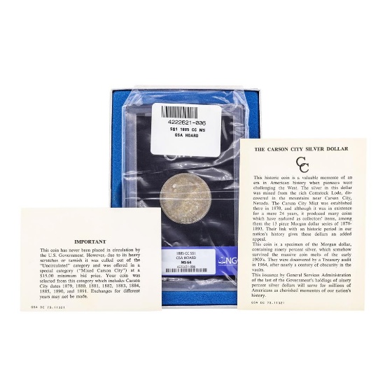 1885-CC $1 Morgan Silver Dollar Coin NGC MS64 GSA Hoard