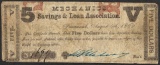 1862 $5 Savings & Loan Association Savannah, Georgia Obsolete Note