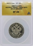 1827-A Austria 20 Kreuzer Coin ANACS XF45