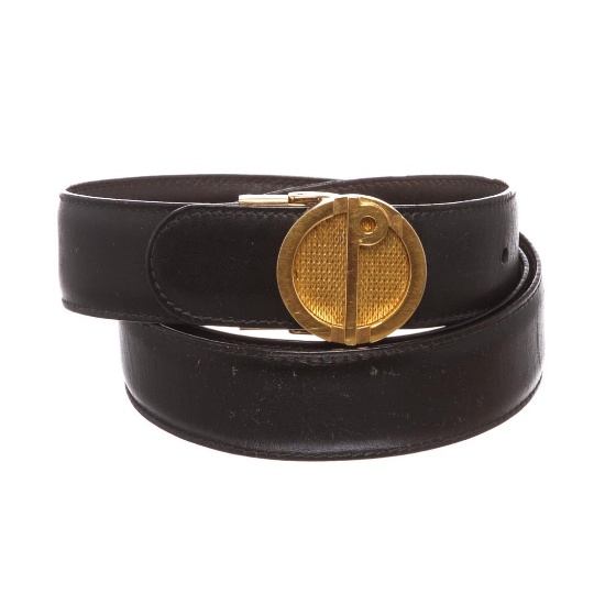 Dunhill Black Leather Gold Buckle Logo Belt