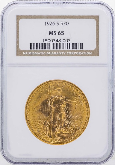 1926-S $20 St. Gaudens Double Eagle Gold Coin NGC MS65