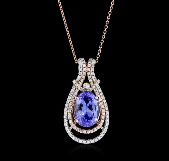 14KT Two-Tone Gold 3.95 ctw Tanzanite and Diamond Pendant With Chain