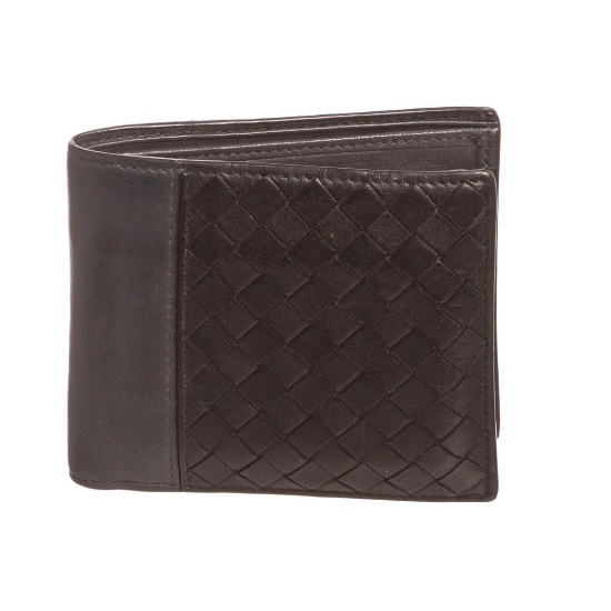 Bottega Veneta Black Gray Leather Mens Woven Bifold Wallet