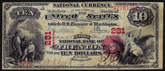 1875 $10 First National Bank CH# 281 Trenton, NJ National Currency Note