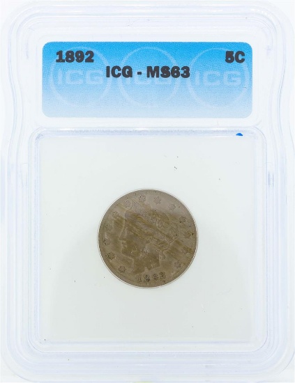 1892 Liberty Head Nickel Coin ICG MS63