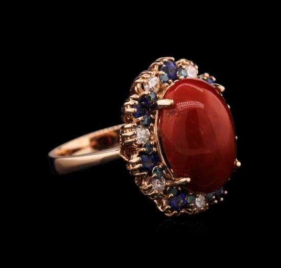 6.43 ctw Coral, Sapphire and Diamond Ring - 14KT Rose Gold