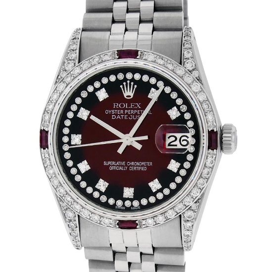 Rolex Mens Stainless Steel Diamond Lugs Red Vignette & Ruby Datejust Wristwatch