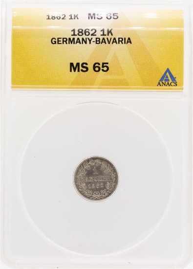 1862 Germany-Bavaria 1 Kreuzer Coin ANACS MS65