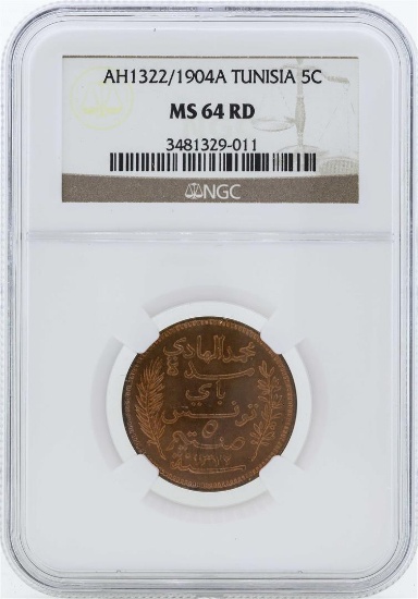 AH1322/1904A Tunisia 5 Centimes Coin NGC MS64RD