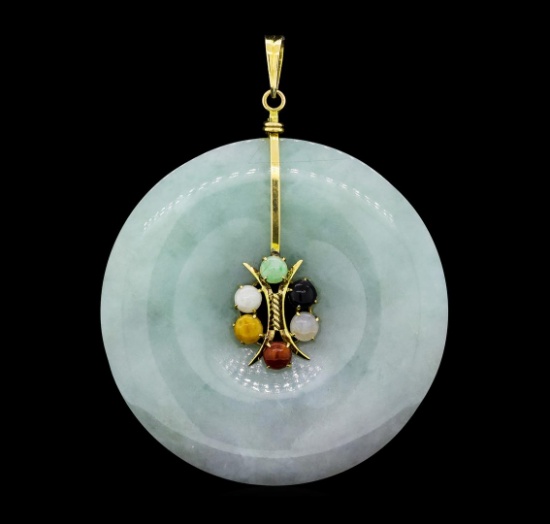 Carved Nephrite Jade Circle and Multi-Color Jade Pendant - 14KT Yellow Gold