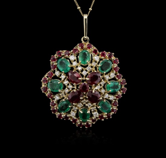 14KT Yellow Gold 11.78 ctw Ruby, Emerald and Diamond Pendant With Chain